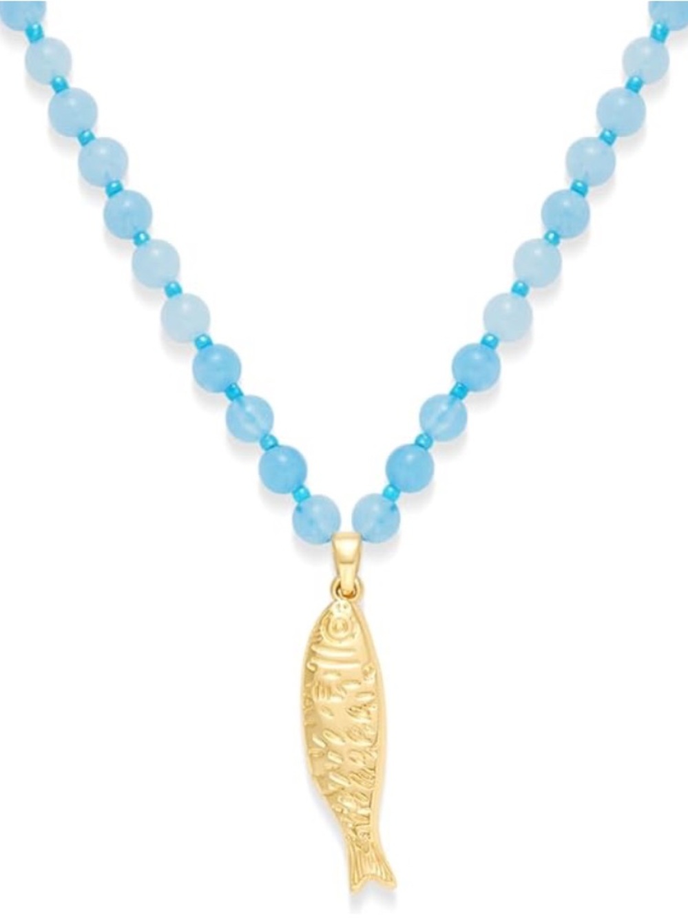 New! Costal Blue Beaded Necklace with 14k Gold Plated Fish Pendant